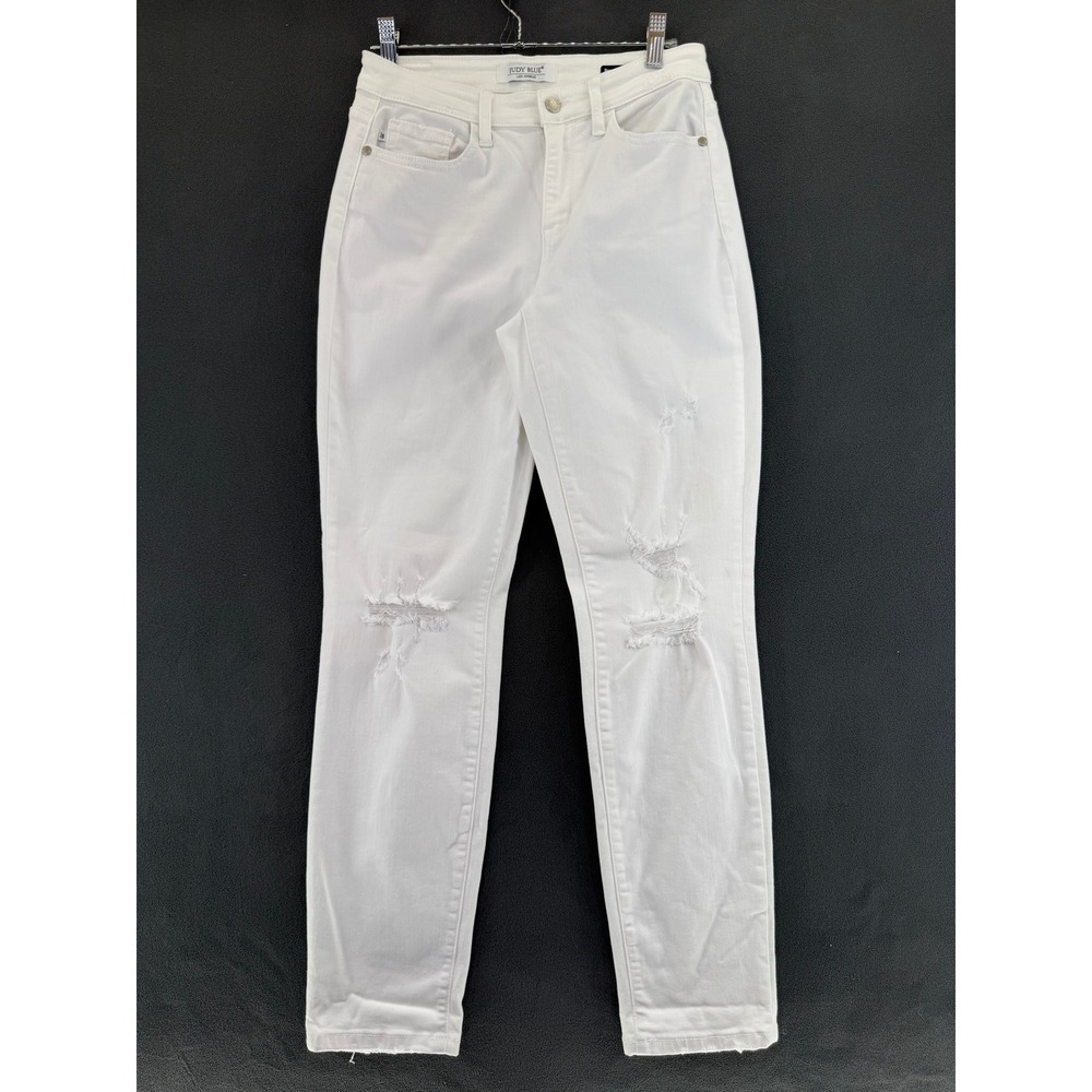Judy Blue White Distressed Skinny Jeans High Rise Frayed Hem 5/27 Boyfriend Fit